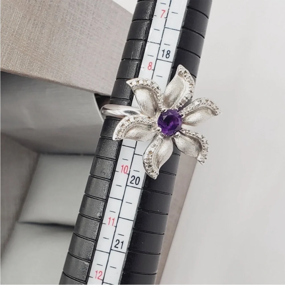 Genuine Round Purple Amethyst & Diamond Accent 925 Silver Flower Statement Ring